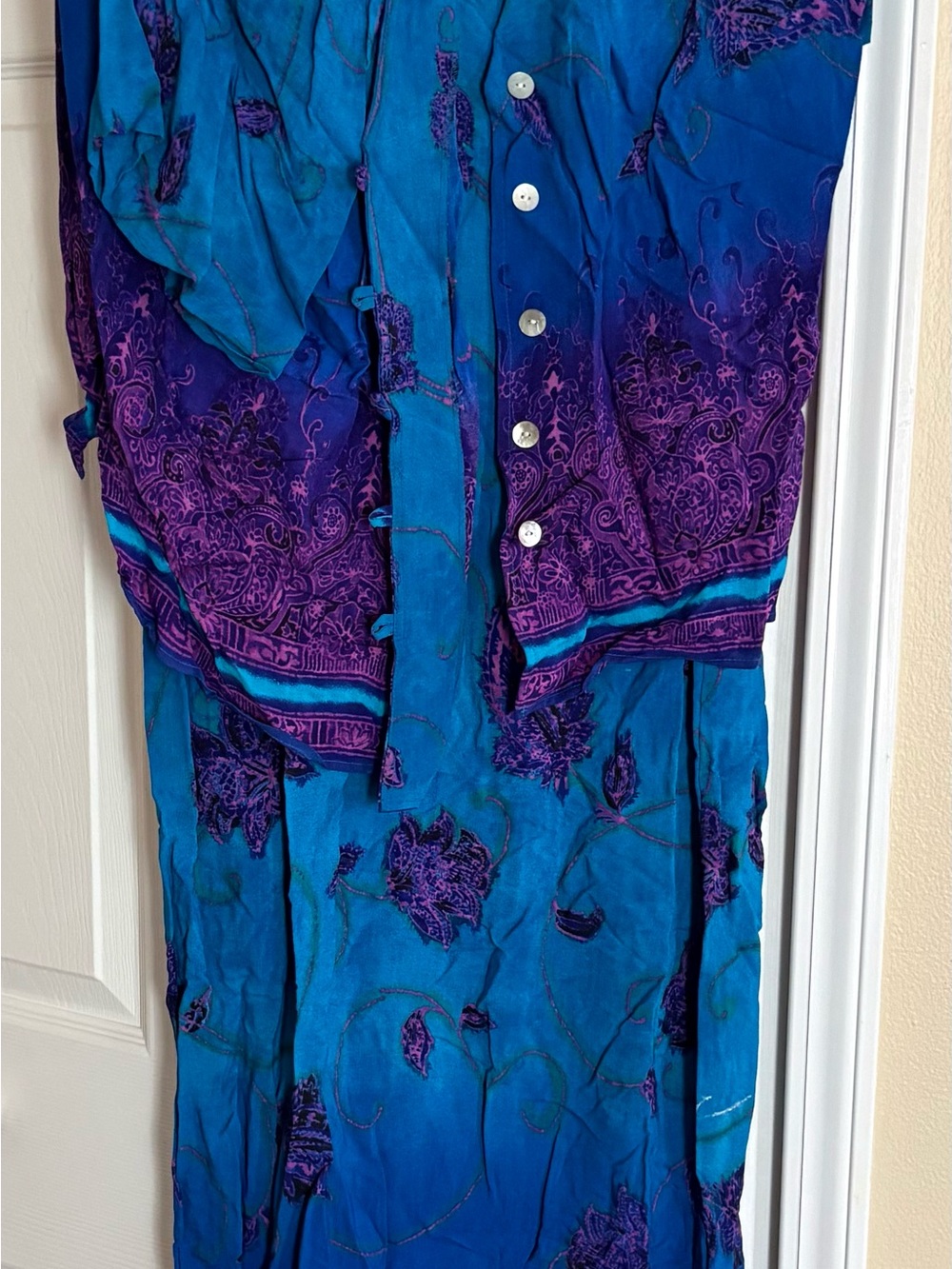 S.L. Fashions Teal and Purple Maxi Dress with Button Front